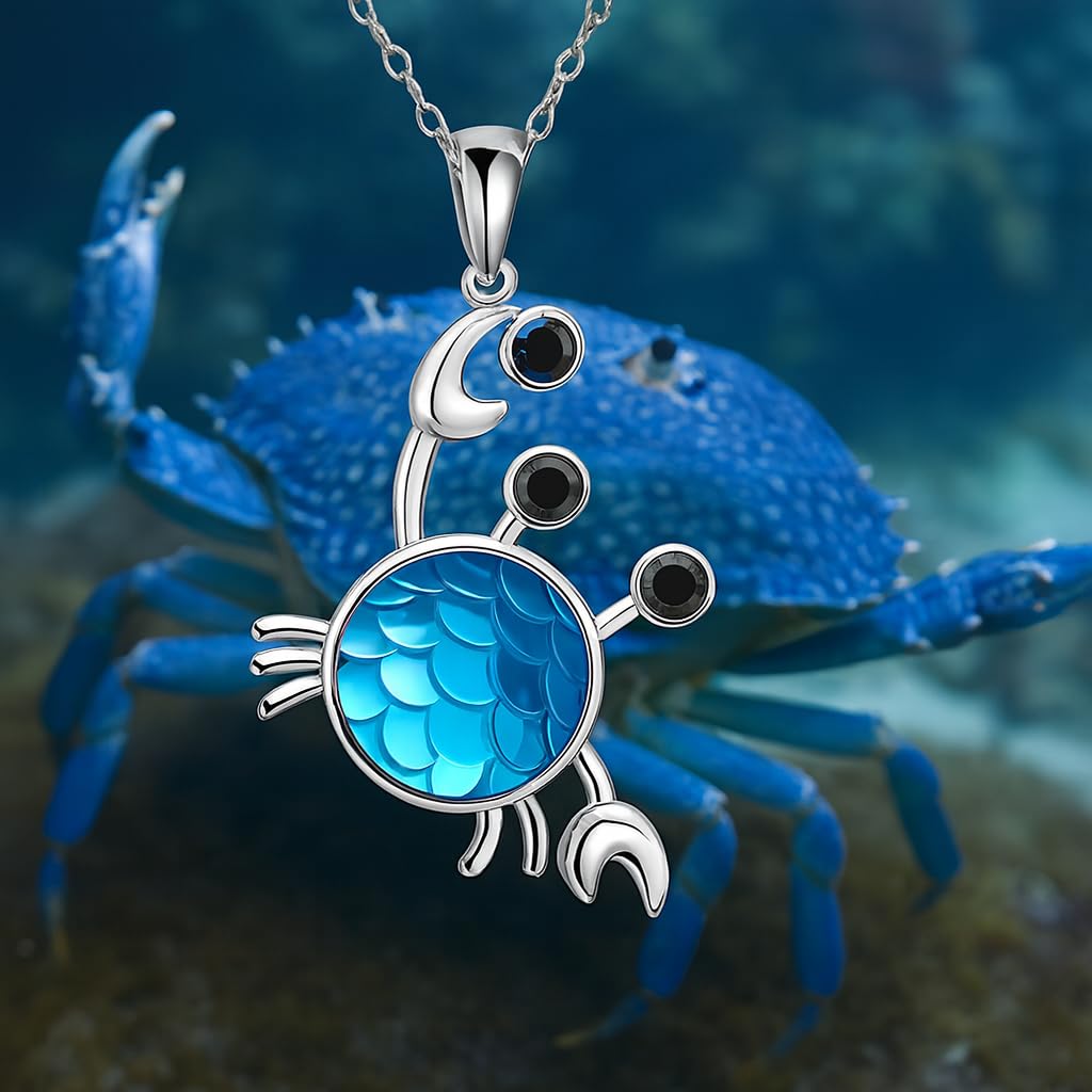 SUPAC Stainless Steel Crab Pendant Necklace, Blue Crystal Design, Black Accent Stones - Crab Jewelry Gift