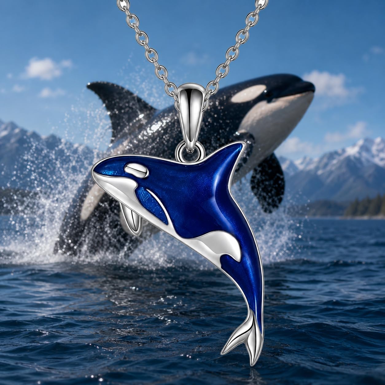 SUPAC Stainless Steel Silver Killer Whale Orca Whale Pendant Necklace, Black and Silver, Shamu Gift