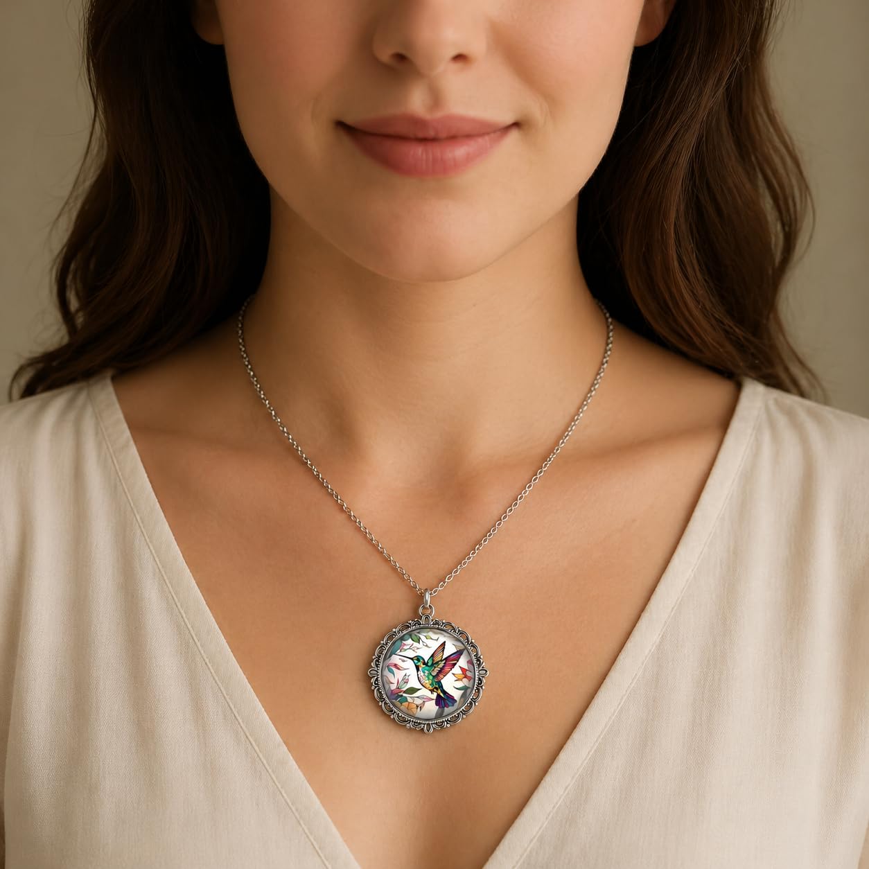 SUPAC Stunning Hummingbird Pendant Necklace - Two Humming Birds Searching for Flower - Fashionable Alloy Jewelry with Delicate Details - Birthday, Party, Gift Idea for Her