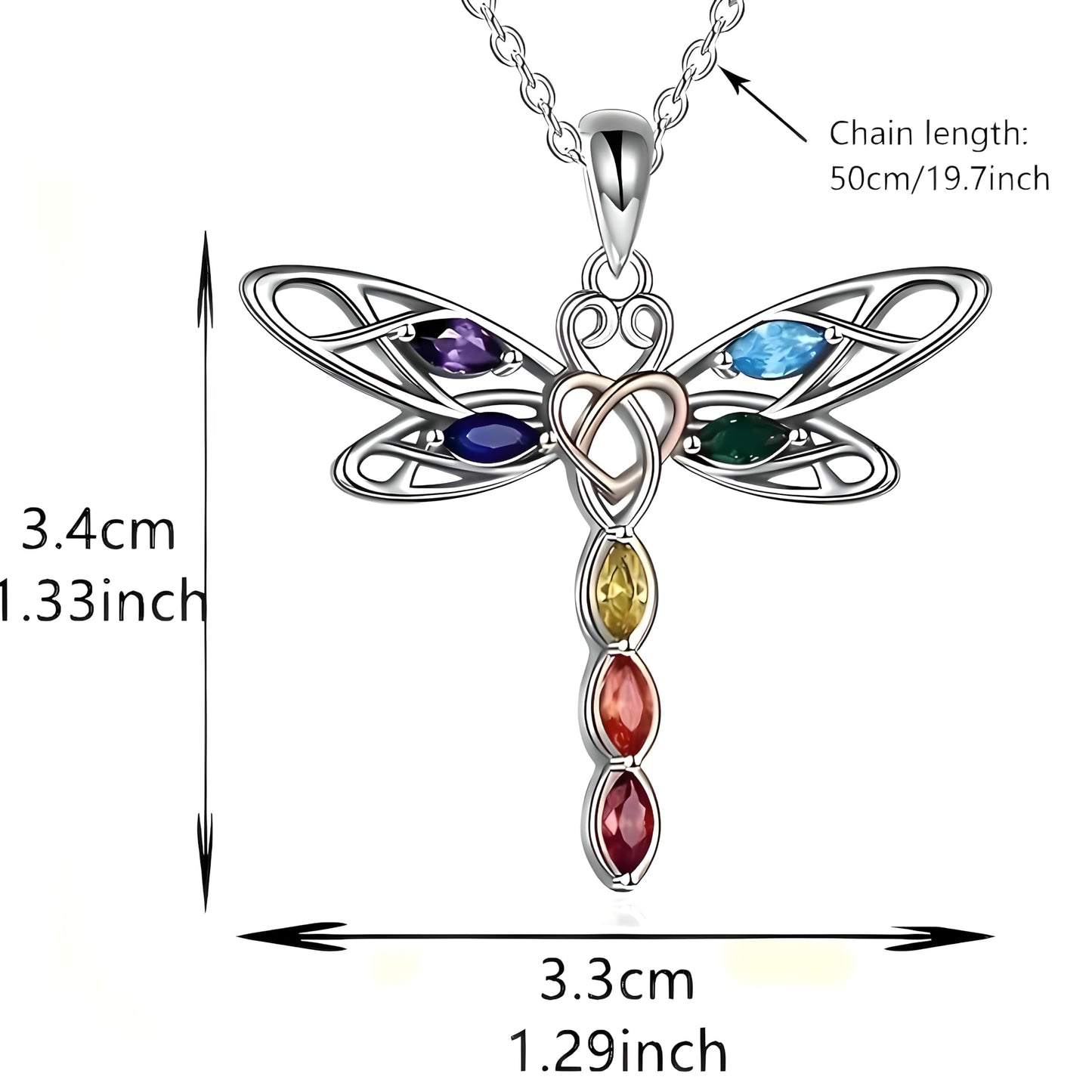 Sterling Silver Dragonfly Pendant Necklace, Multi-Color Crystal Wings, Celtic Heart Design - Dragonfly Gift