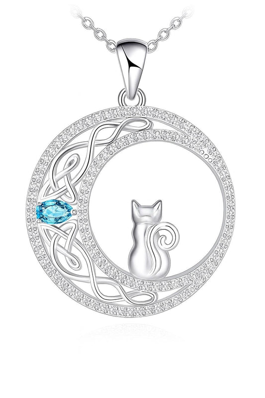 Stainless Steel Cat Moon Heart Star Flower Necklace with Crystal Pendant, 8 Designs - Cute Heart Necklace, With Black Cats, Charming in Rose Gold - Stylish Gift for Women & Party Accessory (Cat w/blue gemstone)