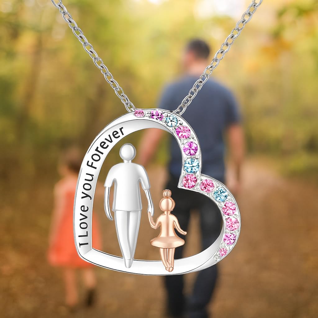 SUPAC Father and Daughter Heart Necklaces, Crystal Accents, Silver Chain - 'I Love you Forever' - Father's Day Gift