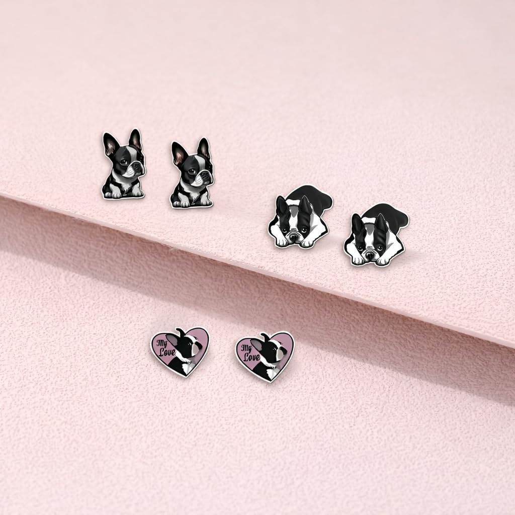 Boston Terrier Stud Earrings Set, Black and White Dog Design with Heart Charm, 3 Pairs