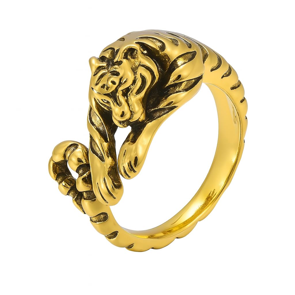 SUPAC Zodiac Tiger Adjustable Ring, Stainless Steel, Unique Design Exquisite Men's Accessory Jewlery - Gold and Silver Colors, Christmas, Birthday or Party Gift