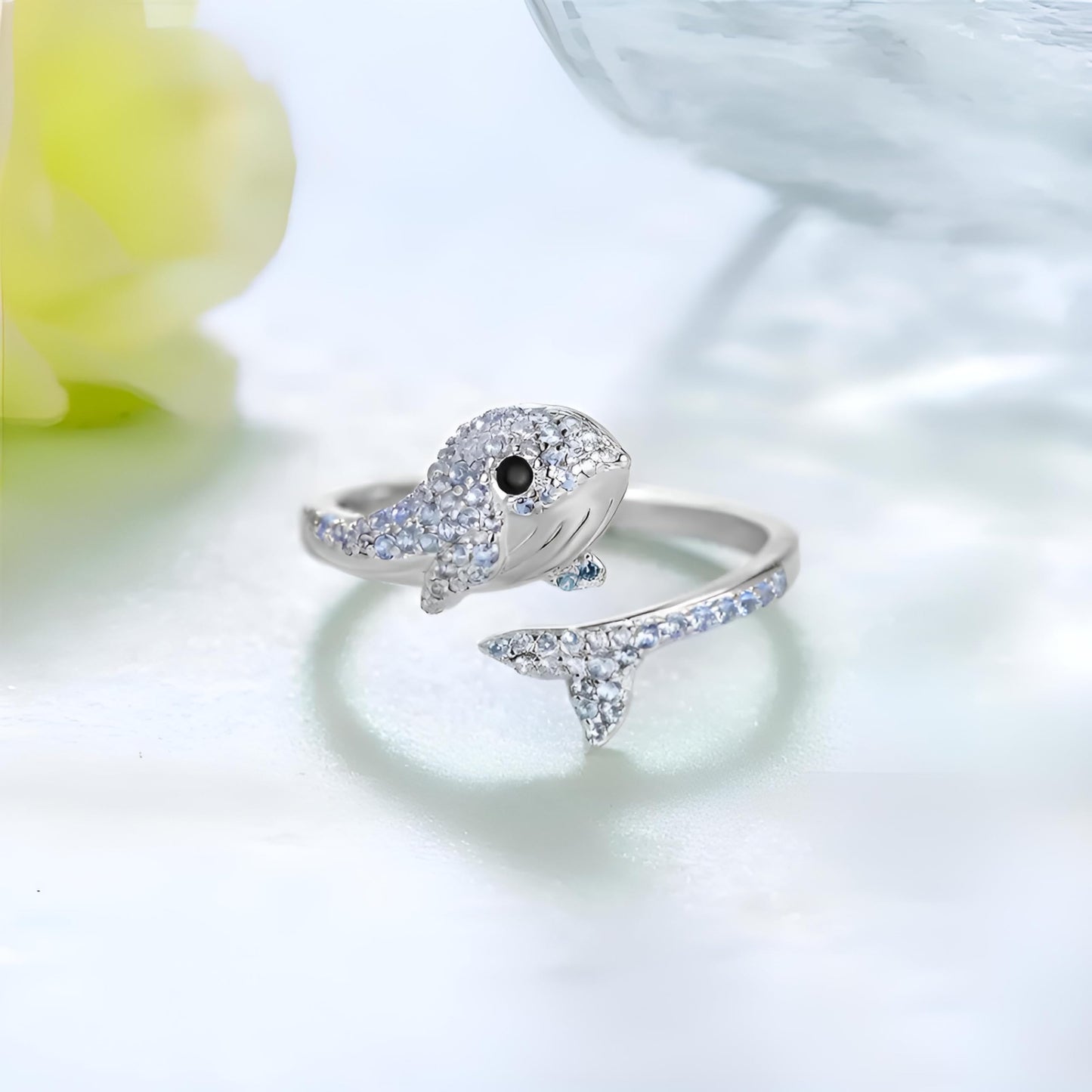 SUPAC Stainless Steel Whale Ring with Blue Crystal Stones, Open Adjustable Band, 1.5cm Size, Marine Animal Design