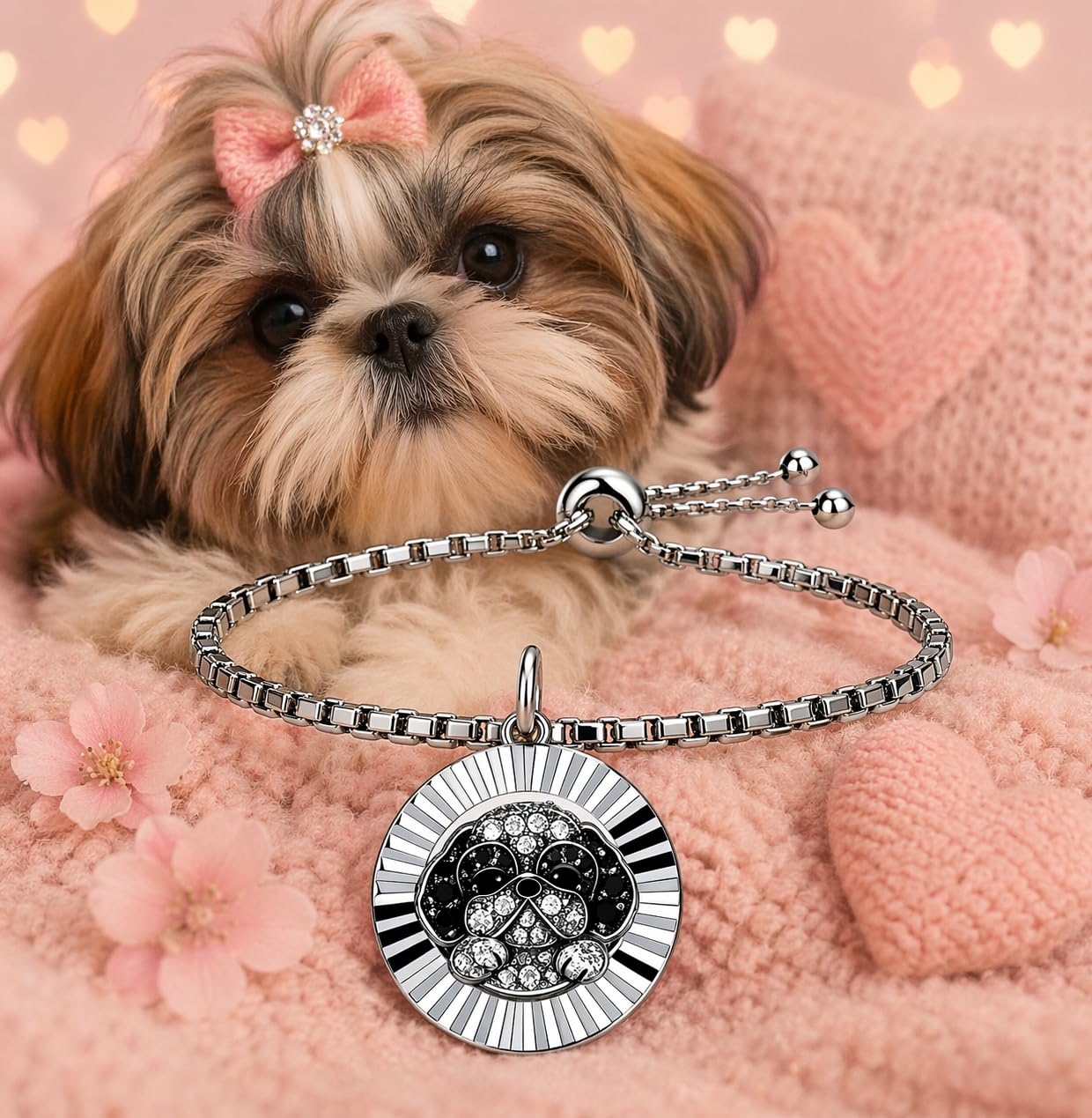 SUPAC Shih Tzu Charm Bracelet, Stainless Steel with Silver Plating, Adjustable Box Chain, Round Dog Pendant with Black & Clear Stones