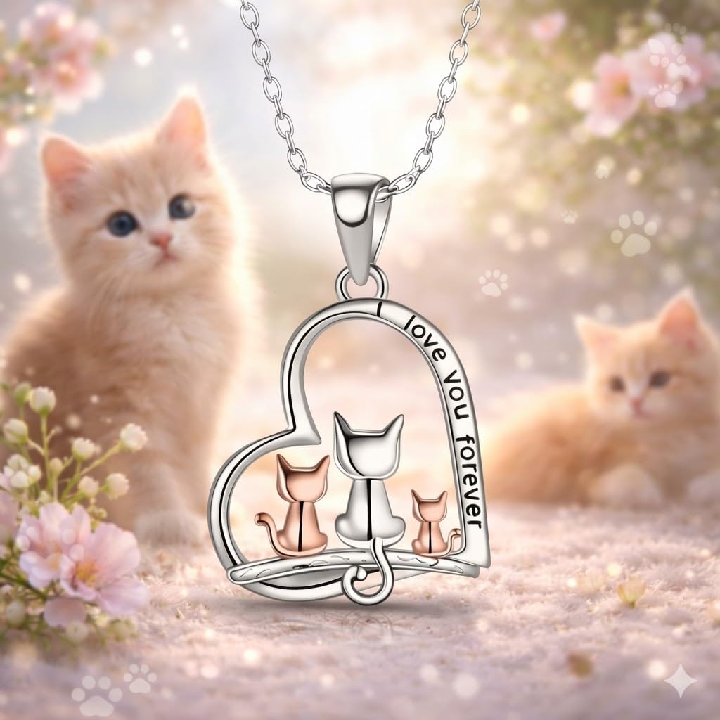 SUPAC Cute Cat Heart Necklace, Sitting Together - Charming Heart Necklace in Rose Gold - Stylish Versatile Gift for Women & Party Accessory! (3 CATS)