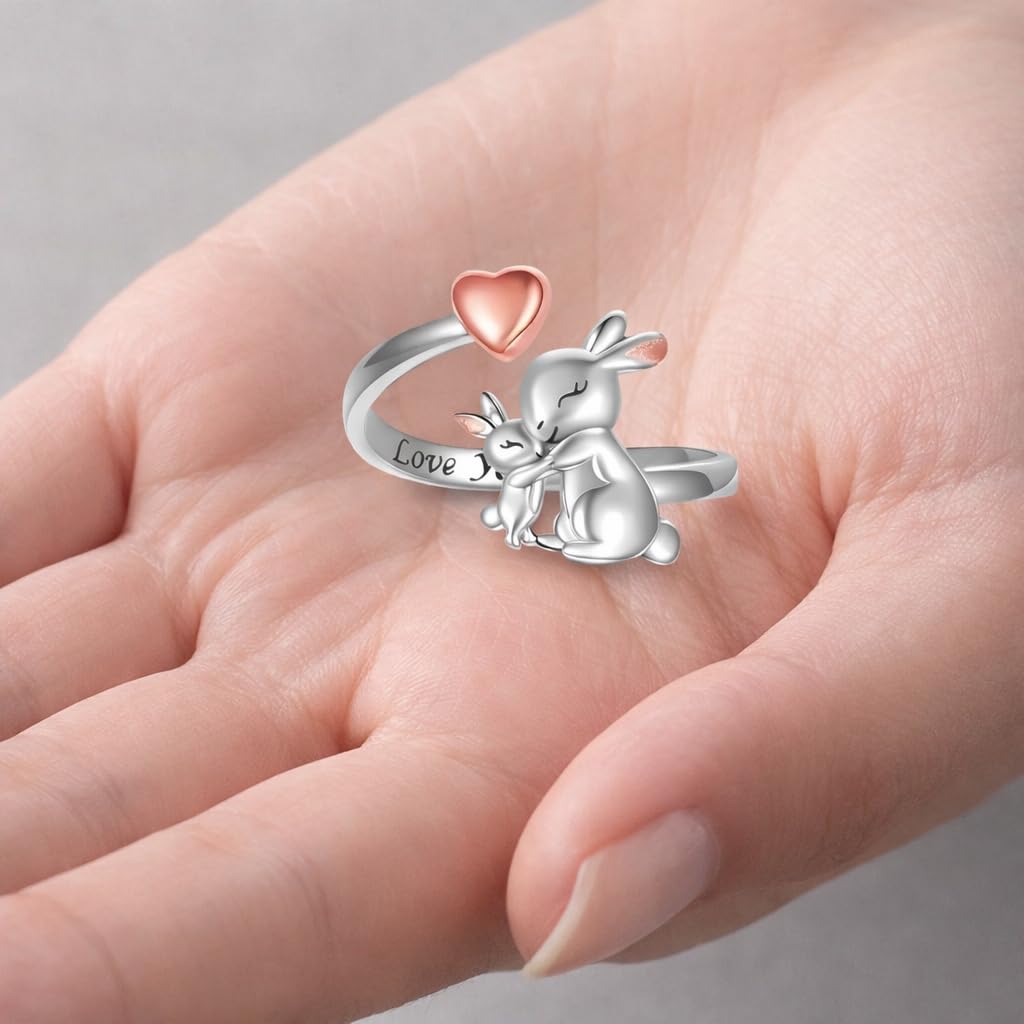 Silver Mom Daughter Adjustable Animal Ring Love Heart Animal Rings Jewelry Mother's Day Gifts for Women Wife Nana 6+ Variaitons (Rabbit)