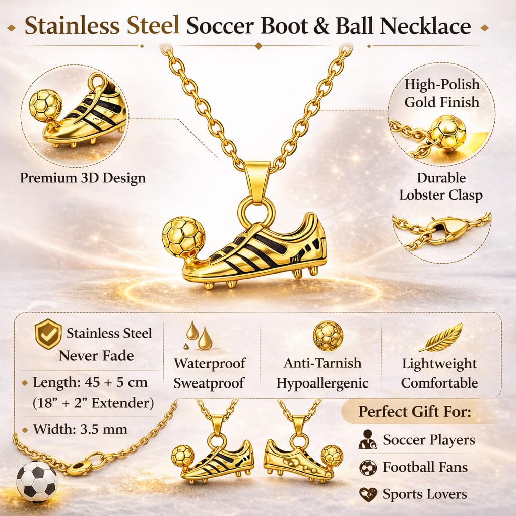 Soccer Cleats and Ball Silver or Gold Necklace – Show Your Love for the Beautiful Game!", - Score Style Points On and Off the Field! Stainless Steel Soccer Fan Pendant - Hip-Hop Street Style Necklace, Durable & Fashion-Forward SUPAC
