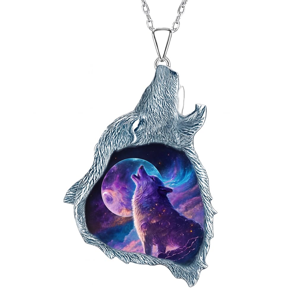 SUPAC Wolf Howling Galaxy Pendant Necklace, Stainless Steel Chain - Christmas, Birthday, or Party Gift