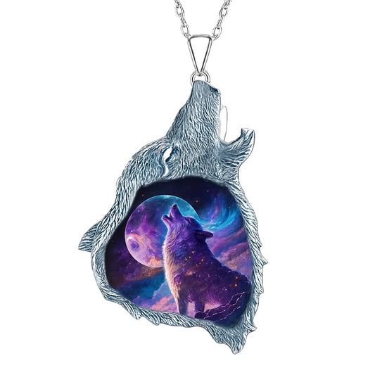 SUPAC Wolf Howling Galaxy Pendant Necklace, Stainless Steel Chain - Christmas, Birthday, or Party Gift