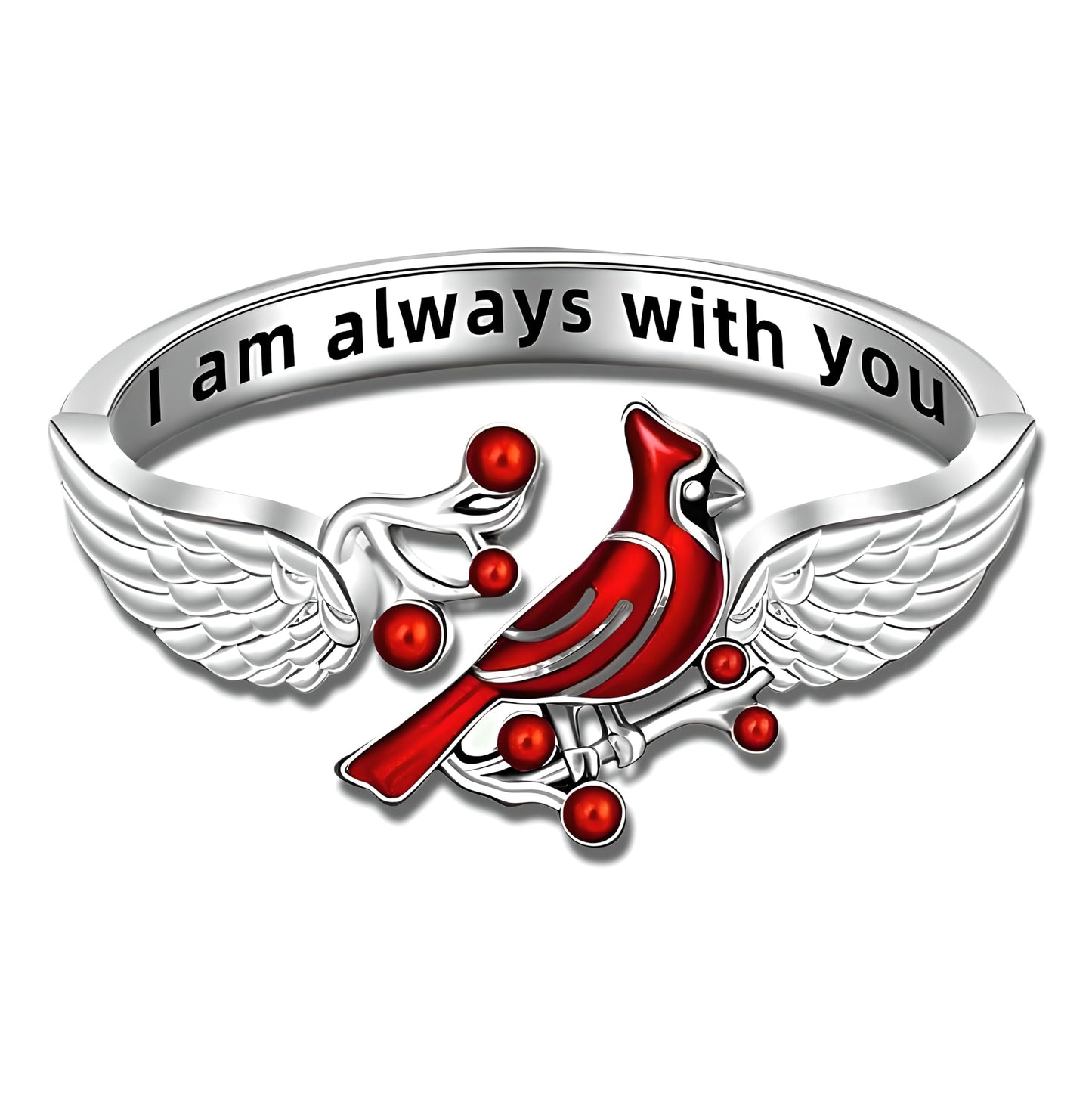 SUPAC Red Cardinal Wing Ring, and Necklaces, Silver-Plated 'I Am Always with You' Inspirational Message, Adjustable - Christmas, Party, or Birthday Gift