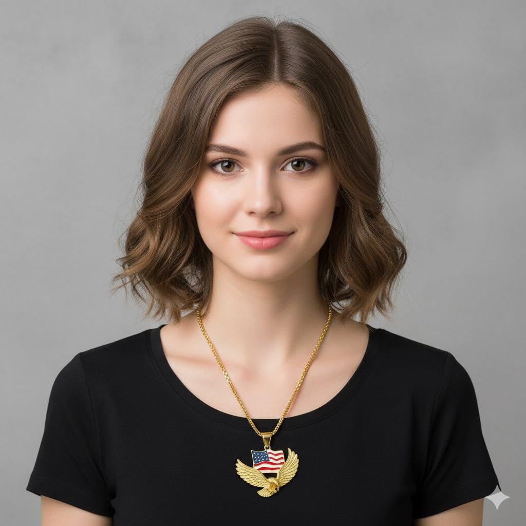 SUPAC Mens Majestic Silver Eagle with American Flag Pendant Necklace - A Bold Hip Hop Jewelry Statement, Symbol of Freedom and Unmatched Style