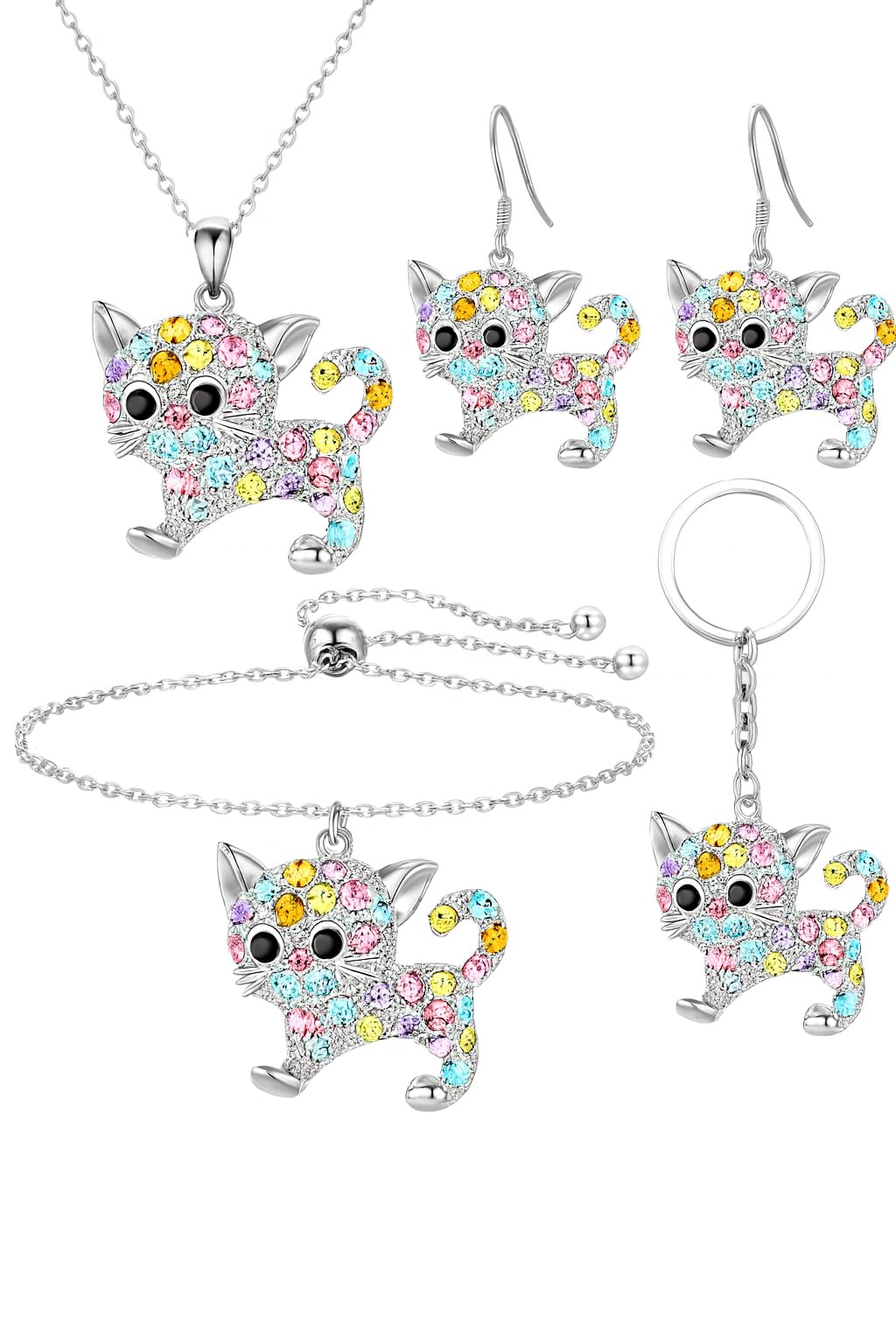 SUPAC Crystal Cat Jewelry Set with Necklace, Earrings, Bracelet and Keychain, Colorful Rhinestone Design, Silver