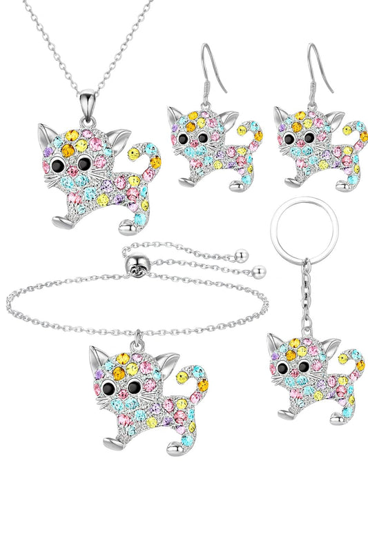SUPAC Crystal Cat Jewelry Set with Necklace, Earrings, Bracelet and Keychain, Colorful Rhinestone Design, Silver