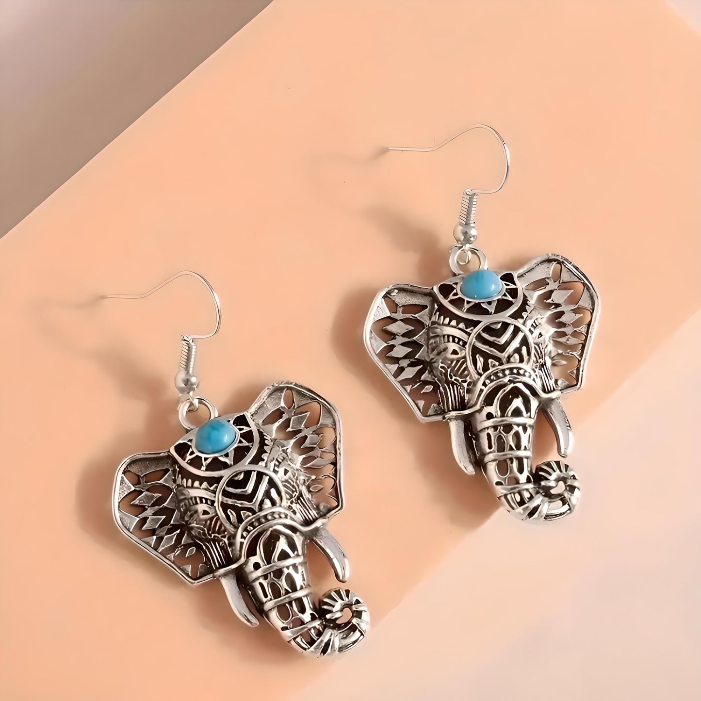SUPAC Elephant Necklace, Silver Design - Elephant Lovers' Gift - Adjustable Vintage Ring with Turquoise Inlay – Unisex Boho Style Alloy Jewelry for Everyday & Party (Earrings)