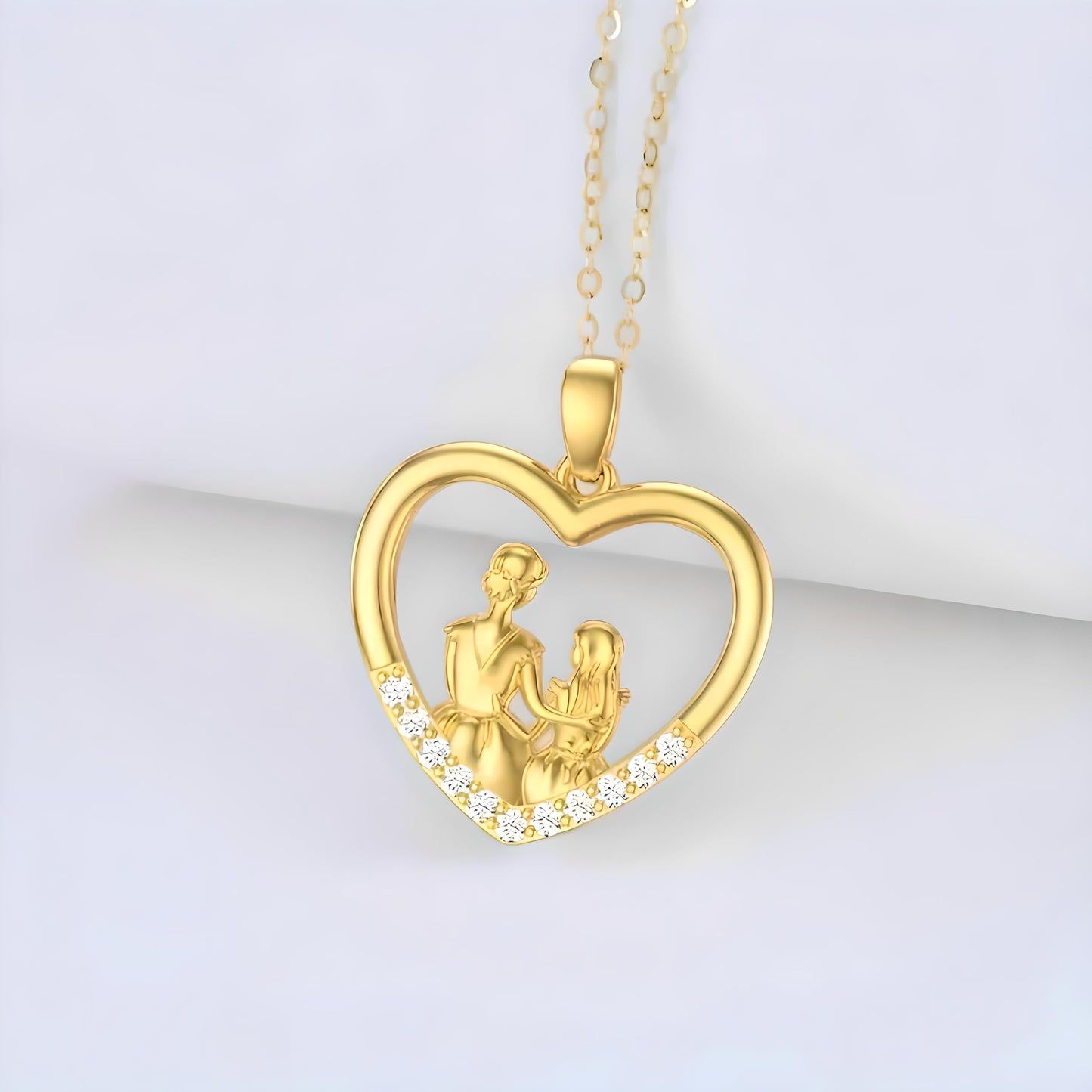 SUPAC Heart-Shaped Mother's Day Necklace, Family + Mother Necklace Options with Crystal Accents, Mother and Daughter Pendant Gift, Silver and Gold-Tone, 'I Love You Always & Forever' Message (Golden)