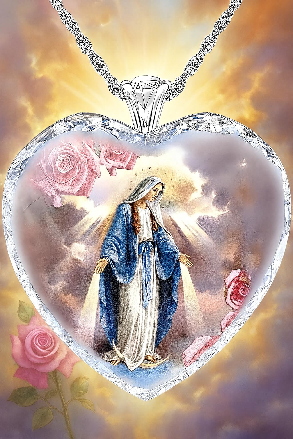 Glass Mother Mary Image with Heart Pendant Necklace, Stainless Steel Chain - Holiday, Christmas, or Birthday Gift