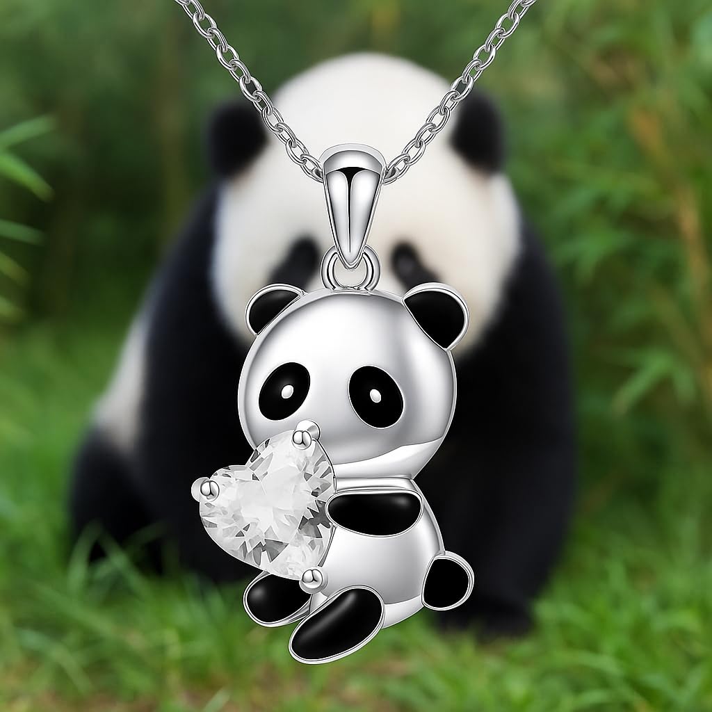 Cute Panda Heart Crystal Pendant Necklace, 17.7 inch Chain, Silver - 6+ Color Options