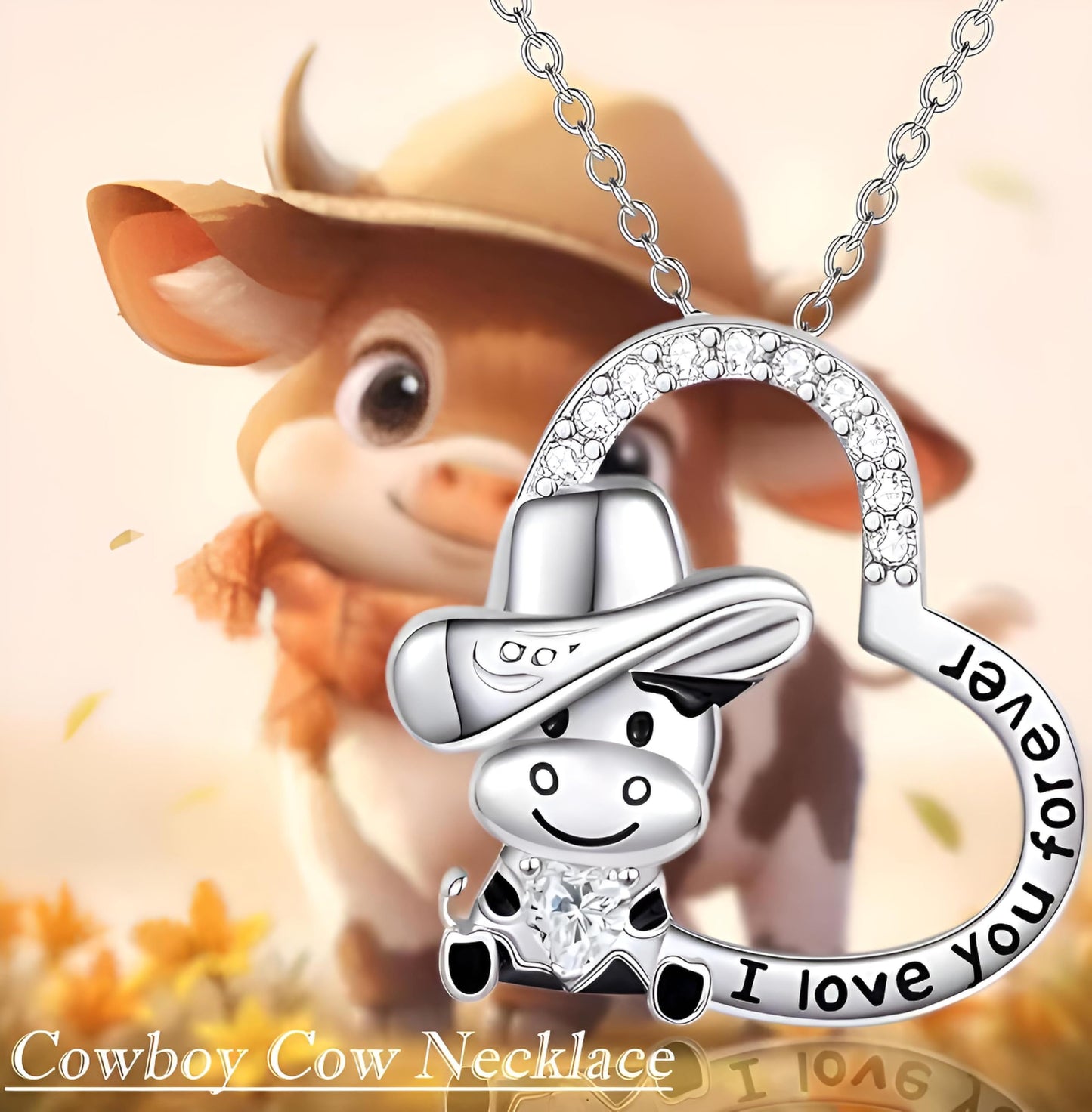 Blue Heart Shaped Mother and her Calf Cow Pendant Necklace for Women - Mother's Day Gift, Christmas, or Birthday Gift