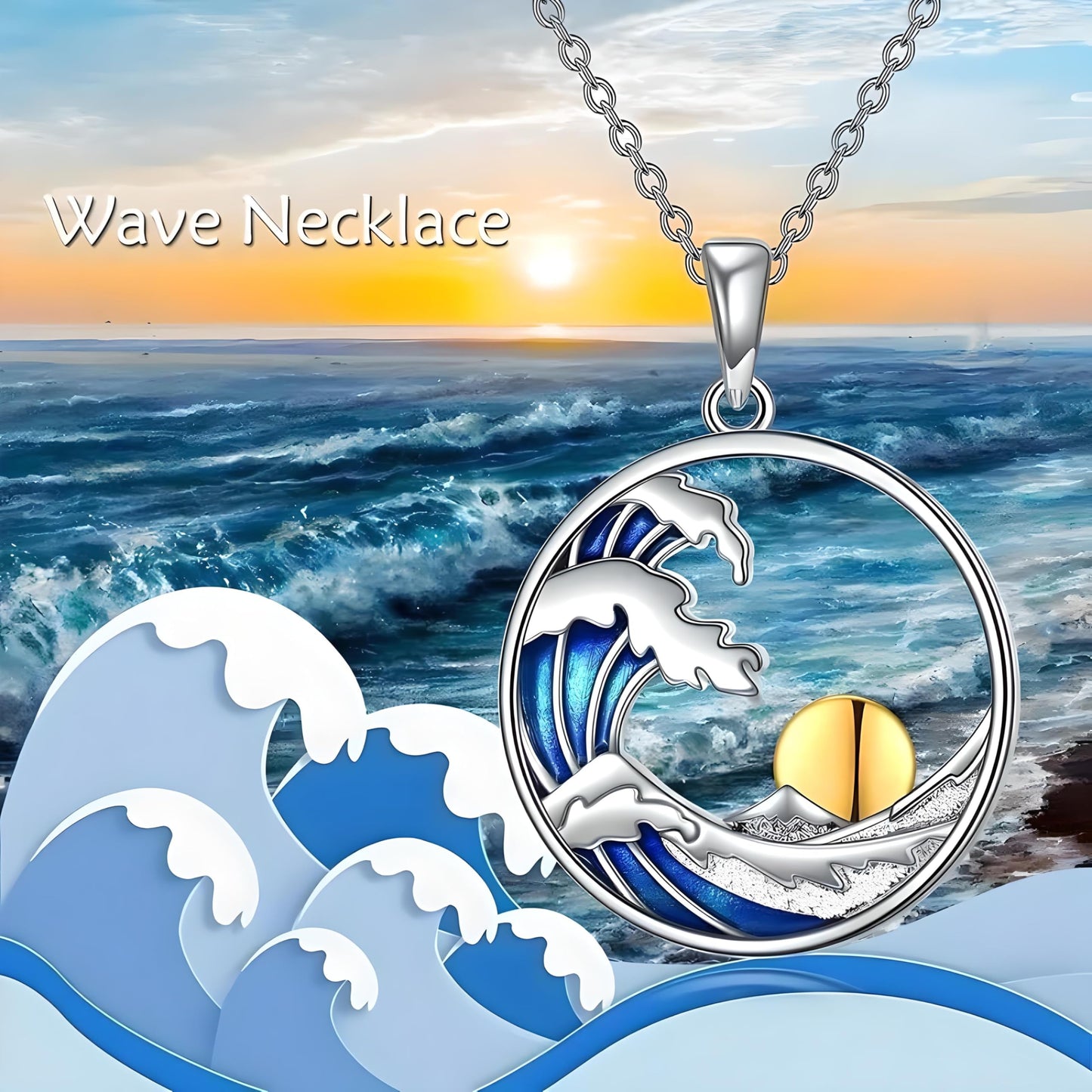 Ocean Wave Pendant Necklace, Sterling Silver Chain, Blue Enamel and Gold Sun Design - Beach Jewlery Gift
