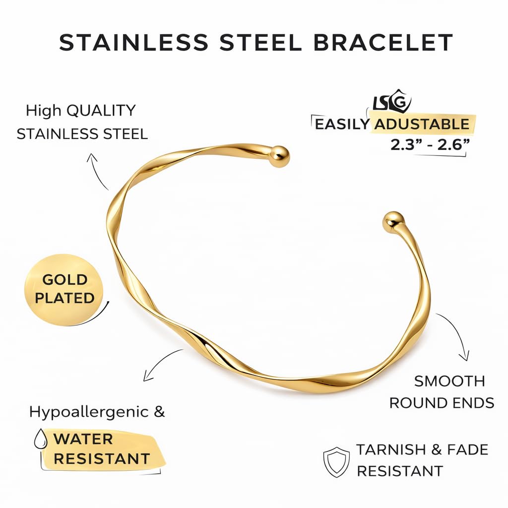 SUPAC Luxurious Twist Open Cuff Bangle - Adjustable, Minimalist Fashion, Golden Bracelet For Women - Elegant, Simple, and Versatile Accessory for Any Occasion - Christmas or Birthday Gift