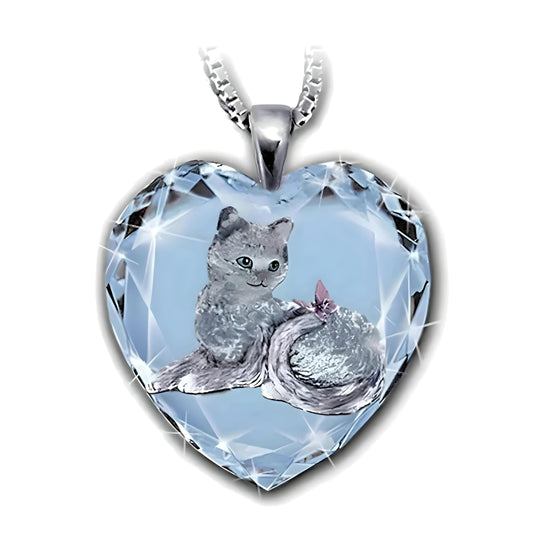 Crystal Heart Cat Pendant Necklace, Blue Glass Heart with Silver Cat Design
