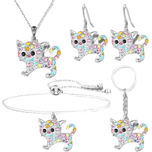 Crystal Cat Jewelry Set with Necklace, Earrings, Bracelet and Keychain, Colorful Rhinestone Design, Silver