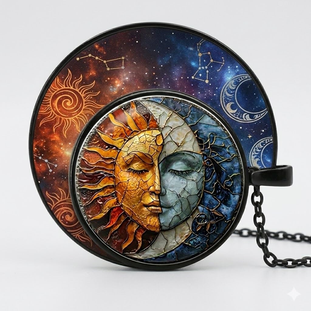 1pc Stunning Round Pendant Necklace - Unique Sun & Moon Pattern, Oil Painting Style Glass Mosaic, Alloy Construction, Trendy Sweater Chain, Fashionable Gift for Women - Christmas or Birthday Gift