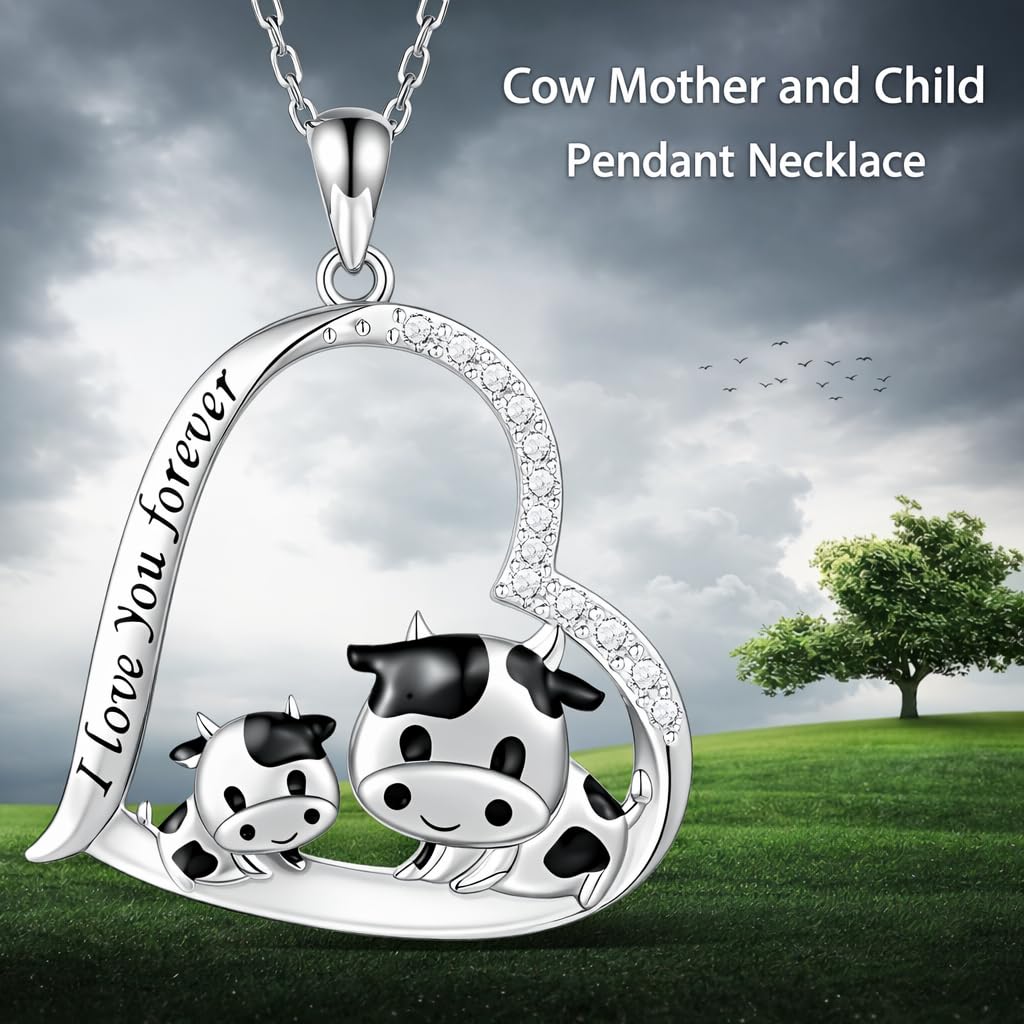 Blue Heart Shaped Mother and her Calf Cow Pendant Necklace for Women - Mother's Day Gift, Christmas, or Birthday Gift