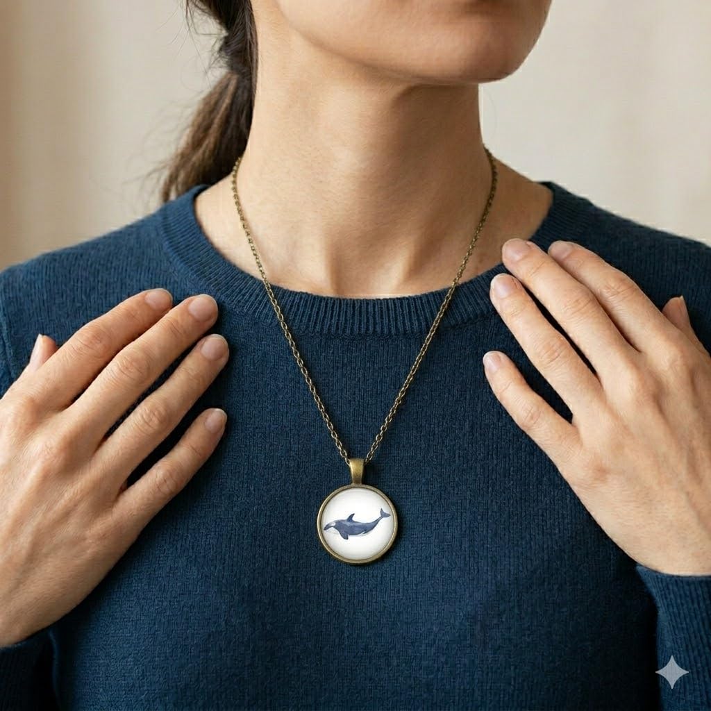 SUPAC Orca Whale Pendant Necklace, Bronze Plated Stainless Steel, Round Glass Cabochon, Hypoallergenic, Shamu Gift - Water Resistant, 19.7 Inch Chain