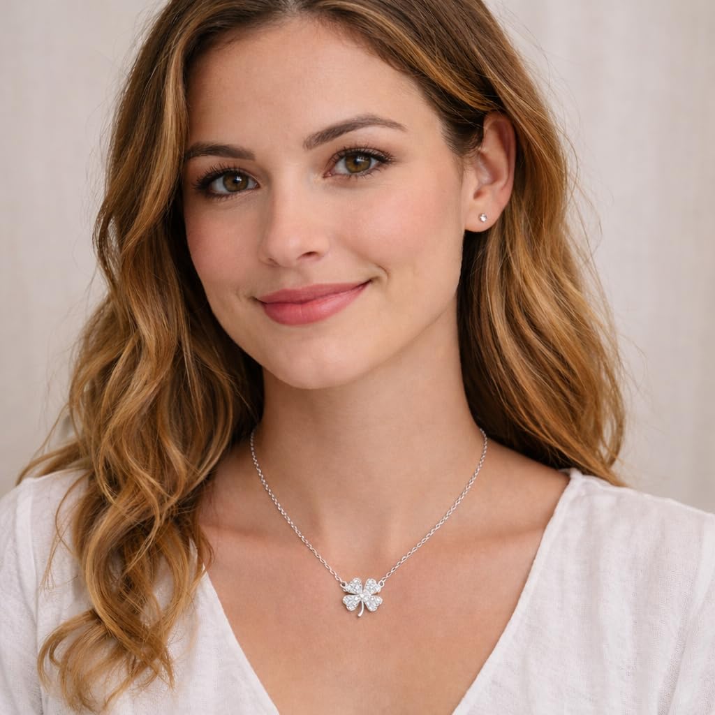 SUPAC Four-Leaf Clover Necklace with Sparkling Rhinestone Diamonds to Elevate Your Style - Silvery Four Leaf Clover Clavicle Pendant Necklace For Women
