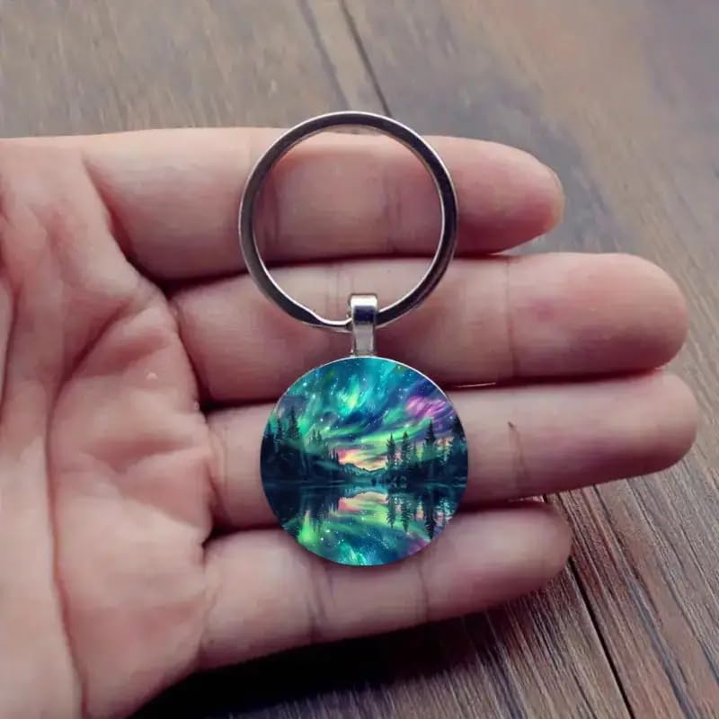 Mountain Sunset Stained Glass Art Keychain, Nature Scene Design, Round Pendant (Aurora Borealis)