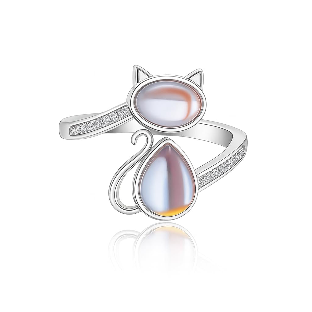 SUPAC Stainless Steel Cat Ring with Moonstone, Adjustable Band, Crystal Accents Design - Cat Lovers' Gift