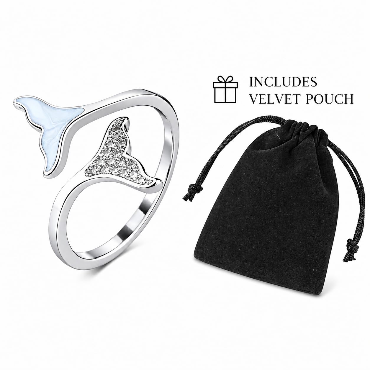 SUPAC Sterling Silver Whale Tail Ring with Crystal Accents, Adjustable Open Design - Gift for Whale Lovers