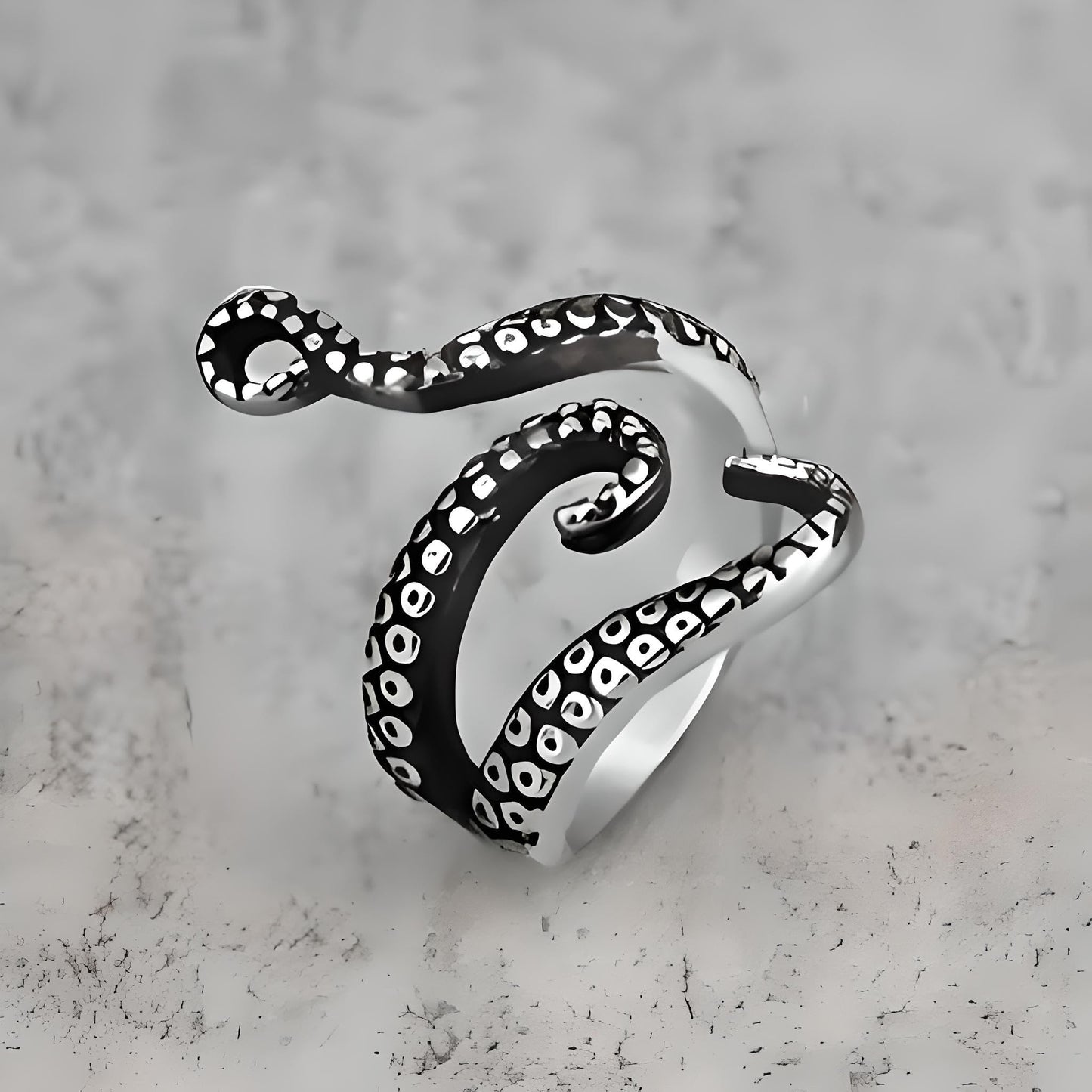 Octopus Tentacle Ring, Vintage Style, Adjustable, Silver and Black