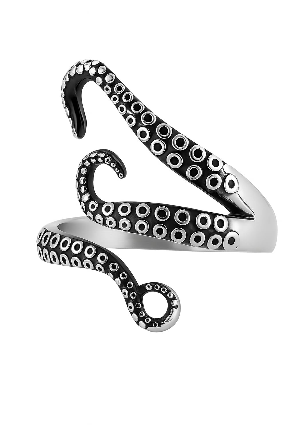 Octopus Tentacle Ring, Vintage Style, Adjustable, Silver and Black