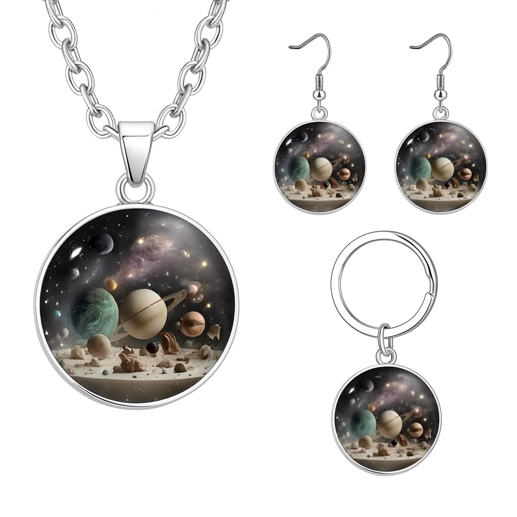 SUPAC Galaxy Space Jewelry Set, Solar System Pendant Necklace with Earrings and Keychain - Solar System Jewelry Gift
