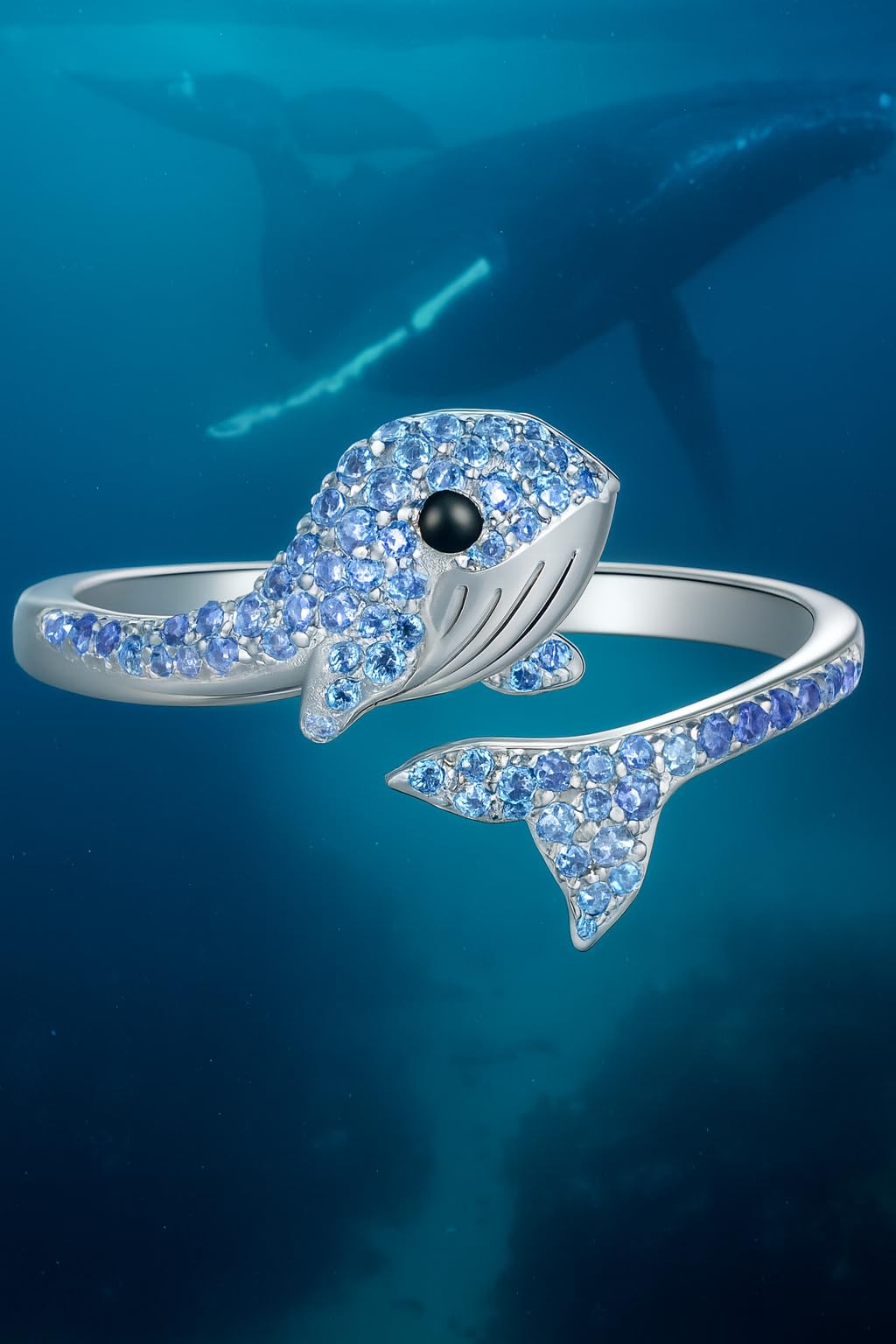 SUPAC Stainless Steel Whale Ring with Blue Crystal Stones, Open Adjustable Band, 1.5cm Size, Marine Animal Design