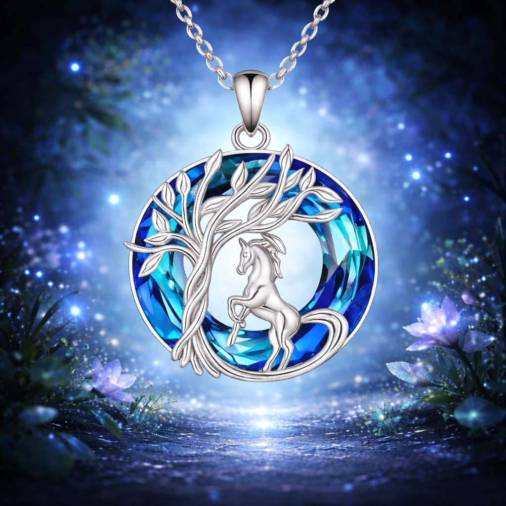 SUPAC Stainless Steel Horse Tree of Life Pendant Necklace, Blue Crystal, Women's Jewelry
