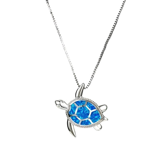 Blue Opal Sea Turtle Pendant Necklace, Sterling Silver Chain 17.7", Crystal Inlay
