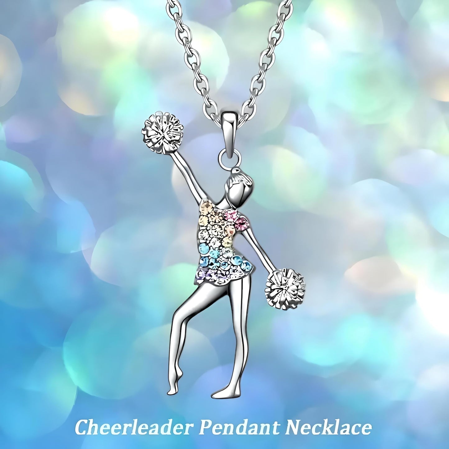 Cheerleader Jewelry Set with Crystal Pendant Necklace, Bracelet, Earrings and Keychain, Silver