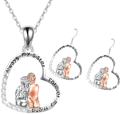 3PCS Sister Love Heart Pendant Necklace Set, Fashion Alloy, One necklace with Two Earings- White Gold Plated Jewelry for Women – "Always my sister, Forever my friend" -Ideal Birthday, Christmas, Party Gift