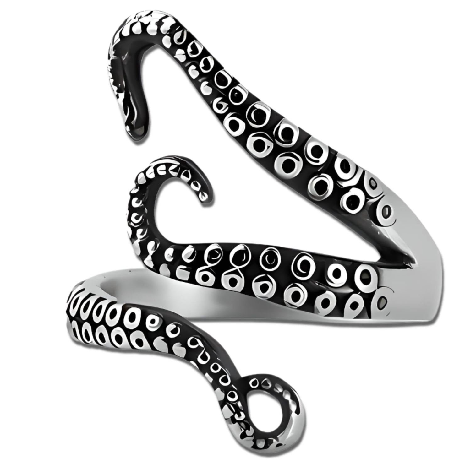 Octopus Tentacle Ring, Vintage Style, Adjustable, Silver and Black