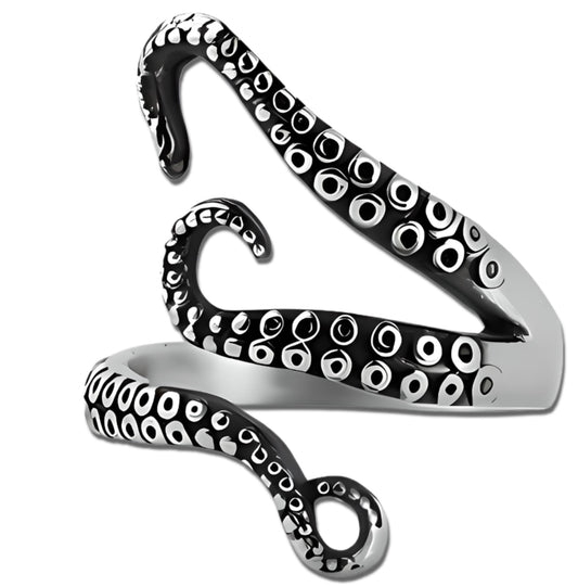 Octopus Tentacle Ring, Vintage Style, Adjustable, Silver and Black