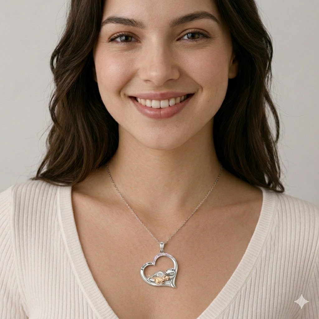 SUPAC Cute Cartoon Dinosaur Heart Pendant Necklace with Rhinestone Accents I Love You, Fashion Jewelry for Daily and Party Wear, Birthday and Christmas Gift