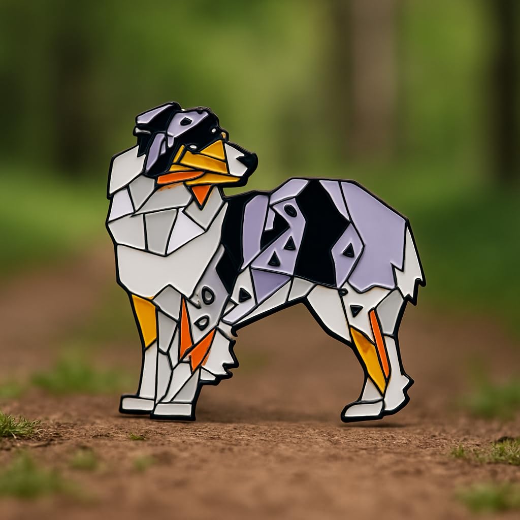 Dog Breed Pins - Geometric Australian Shepherd, Cat, Husky, Bernese Mountain, Enamel Pin, Modern Art Design, White and Purple - Badge for Men (Australian Shepard)