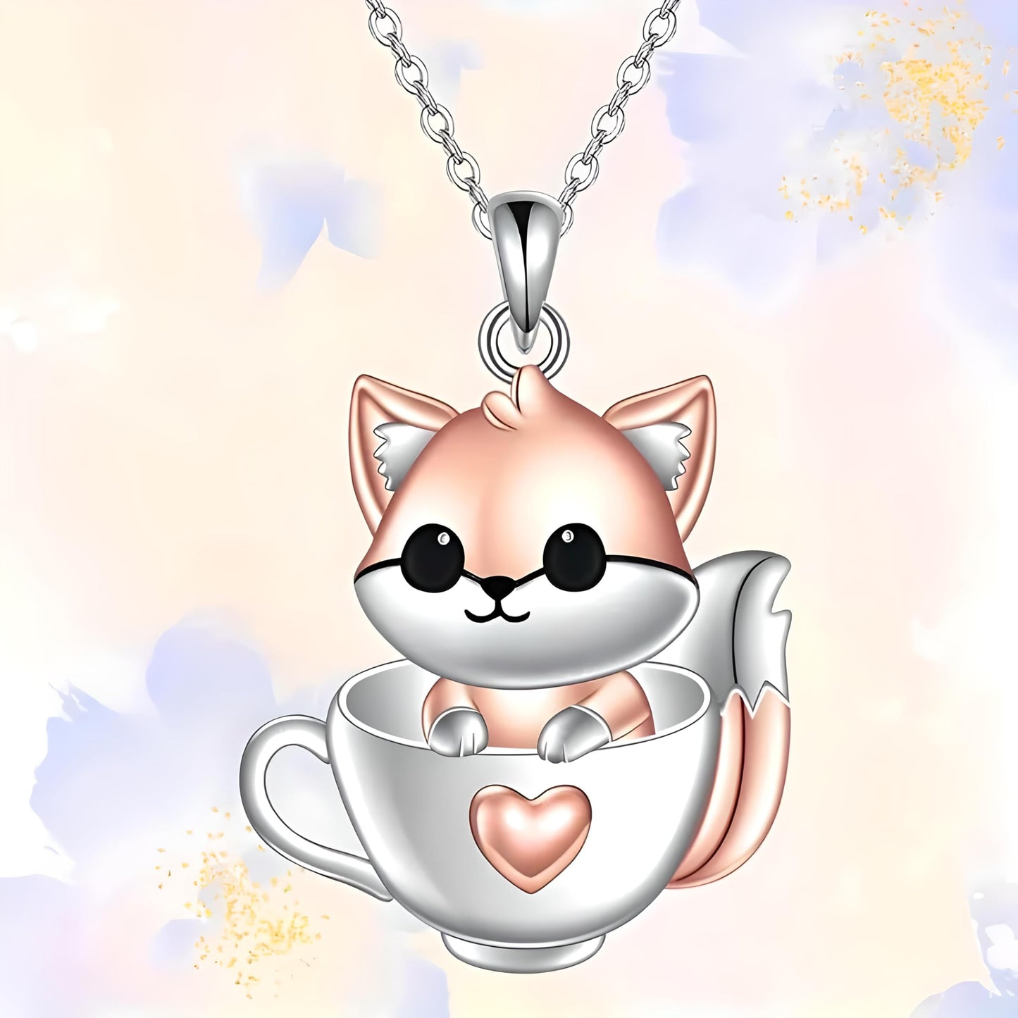 SUPAC Charming Fox in a Coffee Mug Pendant Necklace - Sparkling White, Golden Plated, Alloy & Resin
