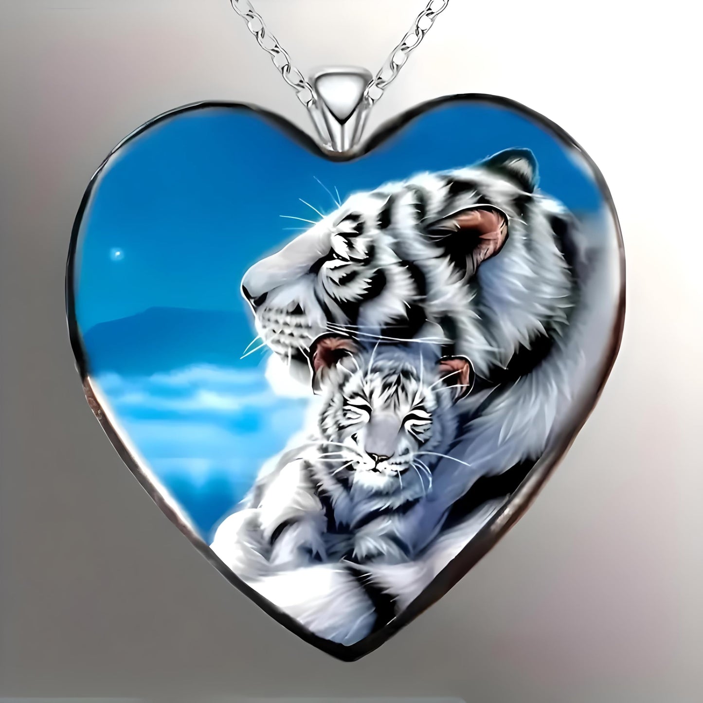 SUPAC Heart-Shaped Tiger Mom and Cub Pendant Necklace, Cute White and Black Tigers with Stainless Steel Chain, Birthday, Holiday or Christmas Gift