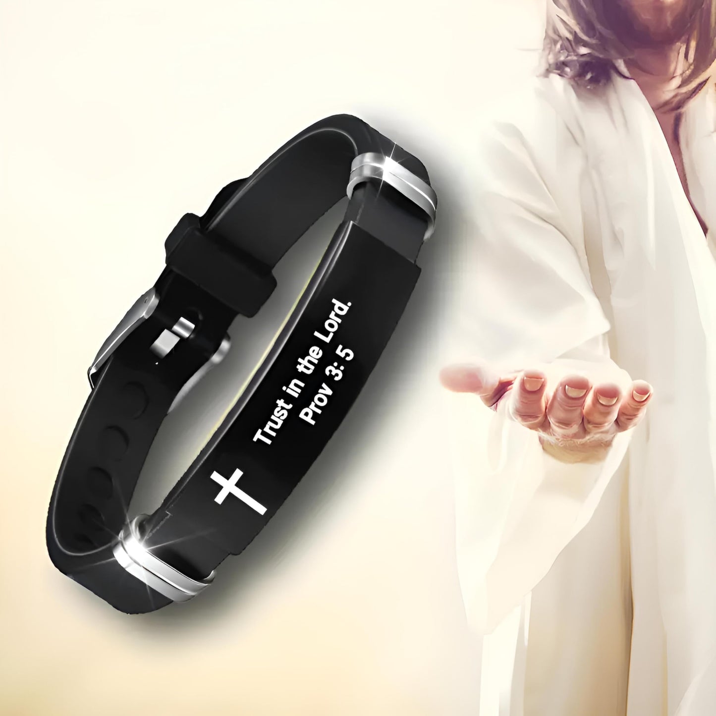 Christian Cross Bracelet with Proverbs 3:5, Phillipians 4:13, Matthew 19:26, Isaiah 41:10, Luke 1:37, Matthew 28:20 Scripture, Black Silicone Adjustable Watch Band, 9.05 inch Length
